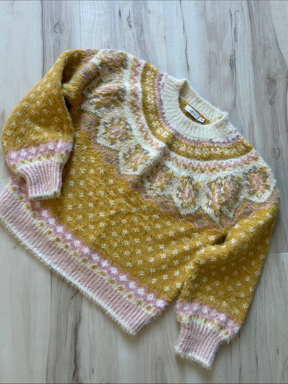 Lush Mustard Fair Isle Crewneck Sweater with Pink & Cream Accents